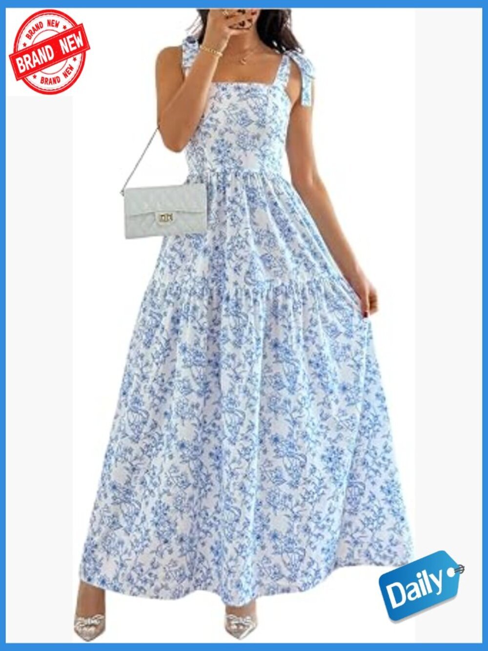 Smocked Tiered Ruffle Maxi Dress with Tie Shoulder Straps Boho Beach Casual